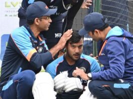 Mayank Agarwal after being hit on the head