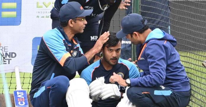 Mayank Agarwal after being hit on the head